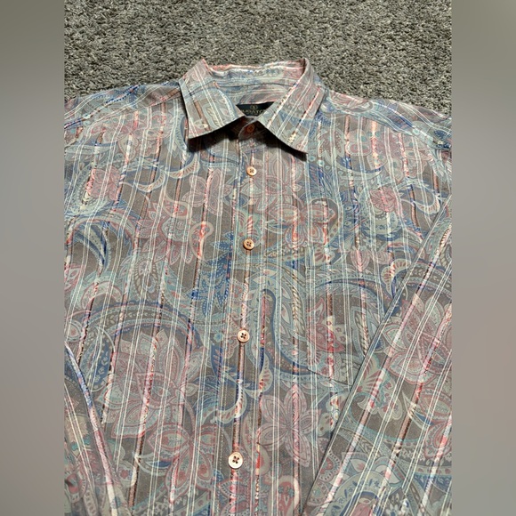 Bugatchi Uomo Shirt Mens XL Pastel‎ Green Orange Paisley Floral Ruffle Botanical - Picture 5 of 12